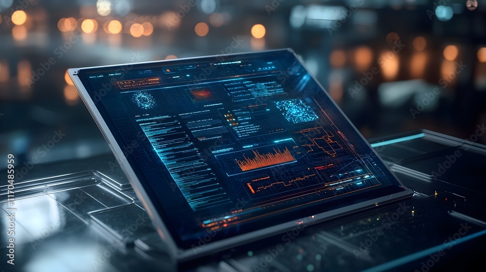Poster a cutting edge workspace featuring a quantum computing report generator displaying futuristic hologr
