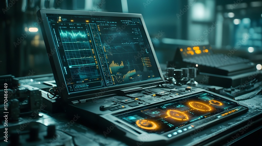 Poster Quantum Computing System Analyzing Data and Generating Predictive Trend Report with Futuristic Glowing Holographic Charts and Copy Space on Bottom Right