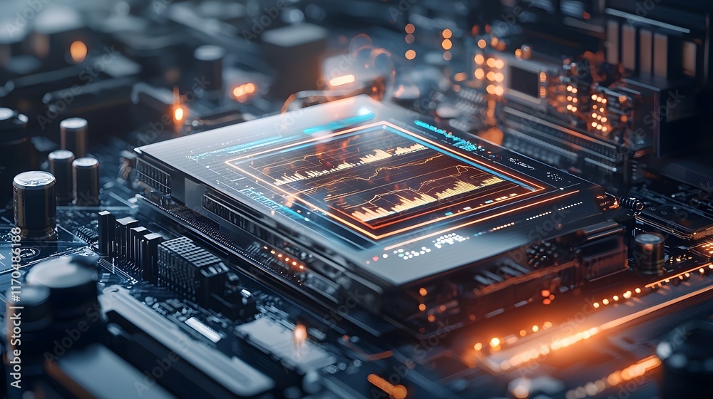 Poster Quantum Computing System Analyzing Complex Data and Producing Predictive Trend Report with Glowing Holographic Charts Leaving Room for Copy Space on the Bottom Right