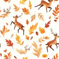 Dynamic watercolor doodles of deer and autumn leaves in vibrant hues creating a playful and lively composition