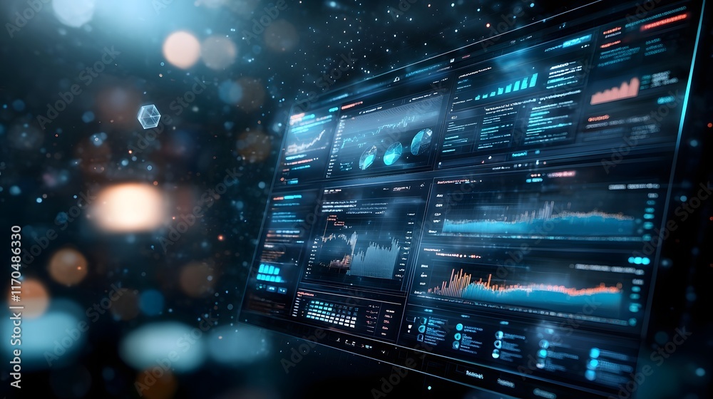 Poster Futuristic virtual report created by quantum computing technology displayed on floating glass like panels with real time updates and analytics