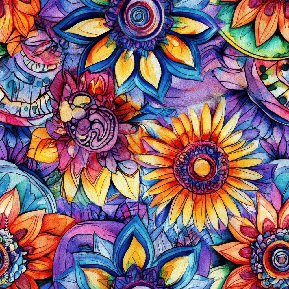 Poster dynamic watercolor doodles featuring vibrant flowers and intricate patterns in a colorful arrangemen