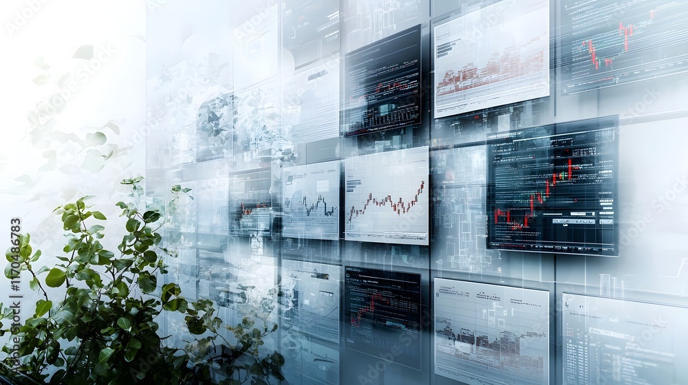 Poster Futuristic of quantum computing algorithms visualizing a complex market prediction model on transparent digital screens leaving ample copy space at the bottom for text overlay