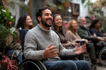Happy man in wheelchair talking to group of people outdoors