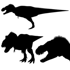 The three dinosaur silhouettes are all different types of dinosaurs. The first one is a T-Rex, the second one is a Triceratops, and the third one is a Stegosaurus