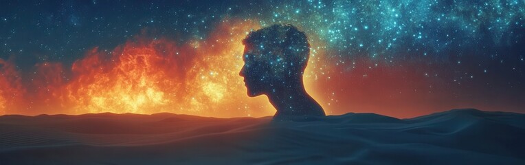 Silhouette of a man emerging from water with a cosmic background during sunset