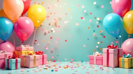Festive Celebration with Balloons and Presents on a Pastel Background