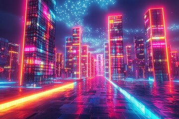 Fototapeta premium Neon-lit futuristic cityscape at night.