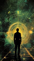 Man glowing with energy stands in a vibrant, futuristic setting filled with abstract patterns and luminous elements