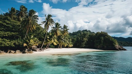 Secluded tropical beach, palm trees, turquoise water.