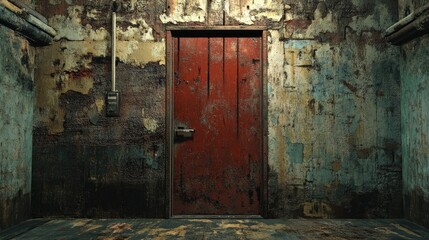 Aged and Weathered Red Door Surrounded by Grungy Walls in an Abandoned Urban Space Evoking a Sense of Mystery and Decay