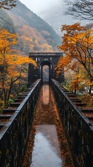Fototapeta premium Serene autumn scene with a historic bridge surrounded by vibrant foliage.