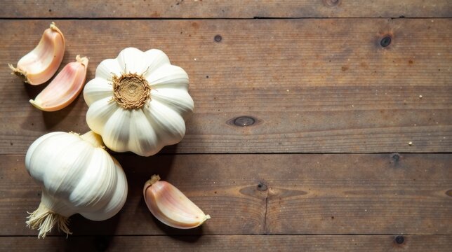 Whole garlic bulbs and cloves arranged on rustic wooden surface