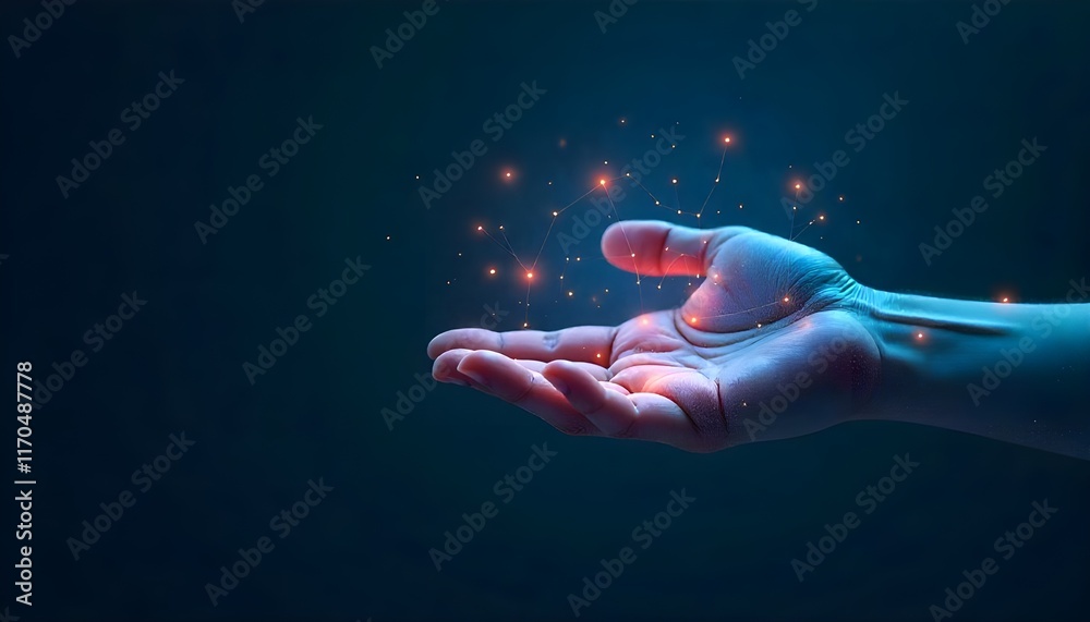 Aufkleber A digital holographic hand on a dark background, featuring neural network connections. Represents communication with artificial intelligence
