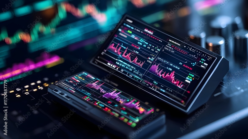 Poster A cutting edge quantum computing driven trading platform displaying dynamic market predictions and risk assessments in a futuristic holographic interface