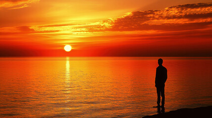Silhouette of a Person Standing at the Edge of a Tranquil Ocean During Sunset