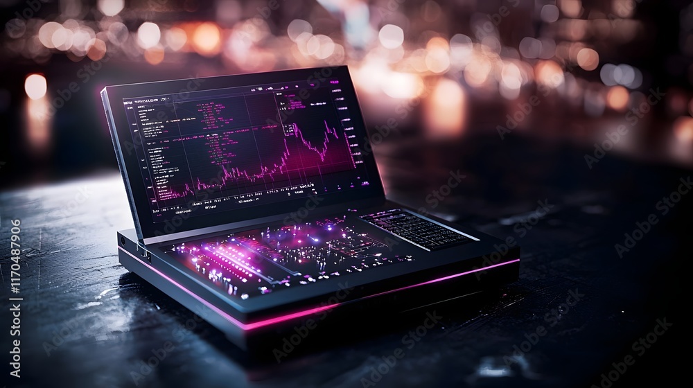 Poster glowing quantum computer projecting futuristic market volatility indexes and predictive analytics le