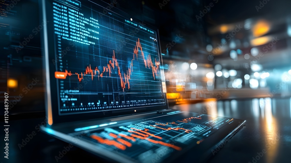 Poster glowing quantum computer displaying dynamic projections of market volatility indexes and predictive 