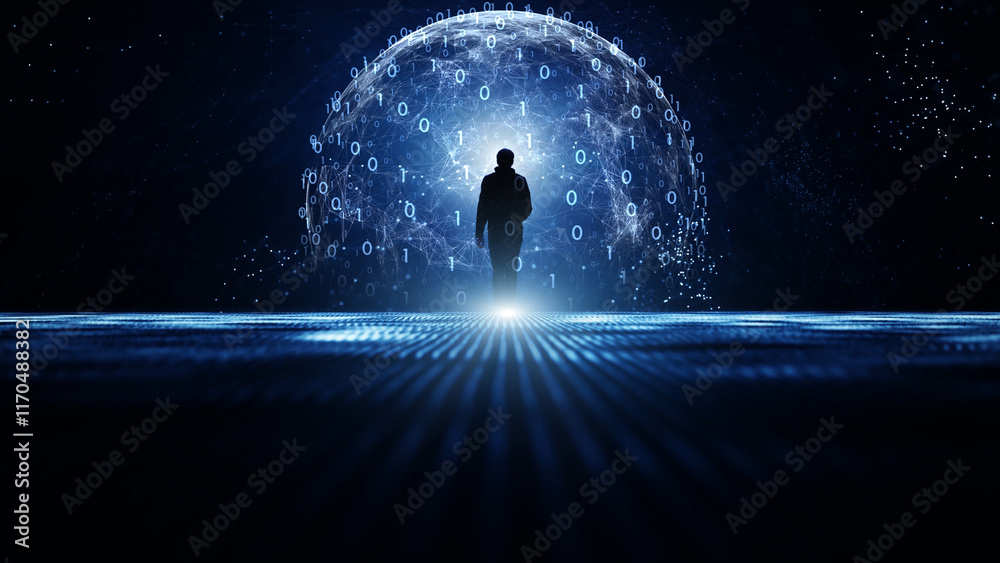 Wall mural man in digital binary code sphere cyberspace illustration.