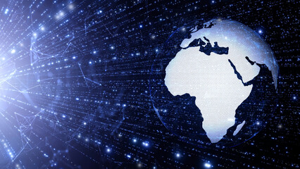 Digital tech earth globe cyberspace with lines and dots illustration.