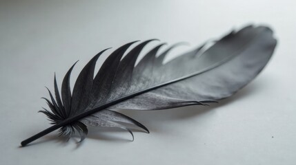 Single dark feather on a light surface, a study in contrast and texture