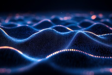 Abstract digital wave with glowing particles in blue and orange.