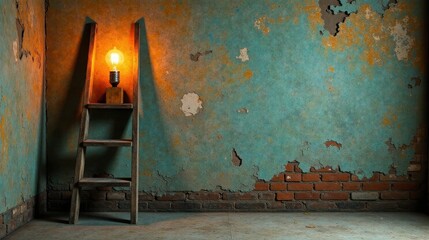 Rustic Wooden Ladder with Illuminated Vintage Lightbulb Against a Weathered Wall