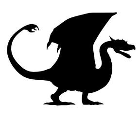 Black dragon with a long tail and wings. The dragon is standing on a white background. Concept of mystery and power, as the dragon is depicted as a formidable creature