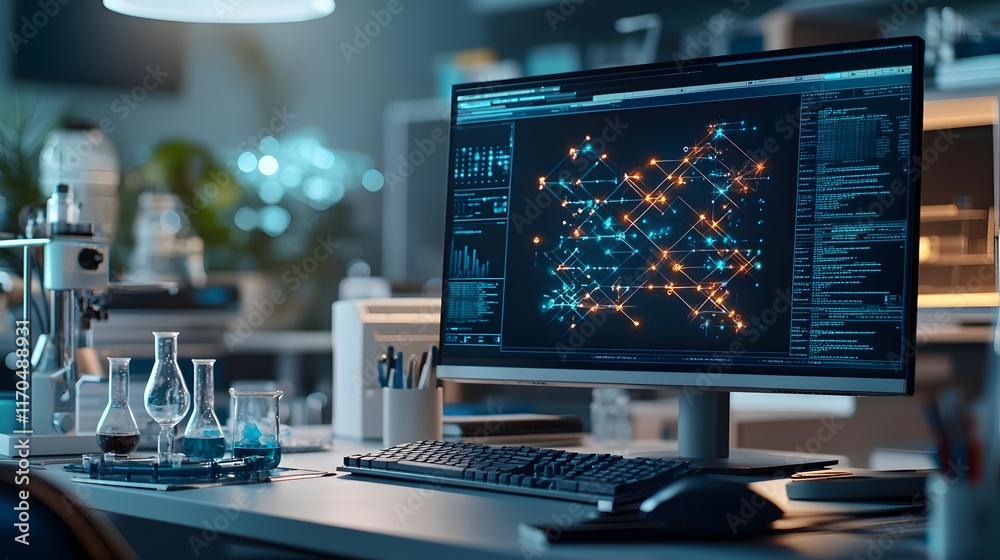 Poster a quantum powered system calculating optimized drug formulas with glowing molecular diagrams project