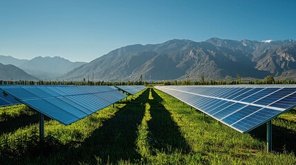 Solar Panels in a Farm Landscape with Mountains and Clear Blue Sky