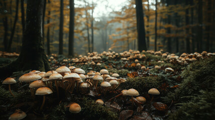 Obraz premium Sprawling Field of Mushrooms Growing in a Damp Wood Surrounded by Autumn Trees