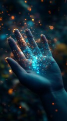 Hand holding a glowing nebula in outer space.