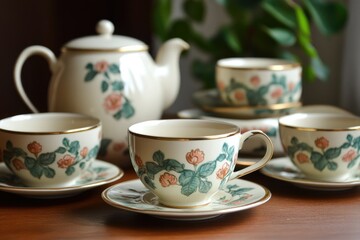 Fototapeta premium Porcelain tea set with floral decoration sitting on wooden table
