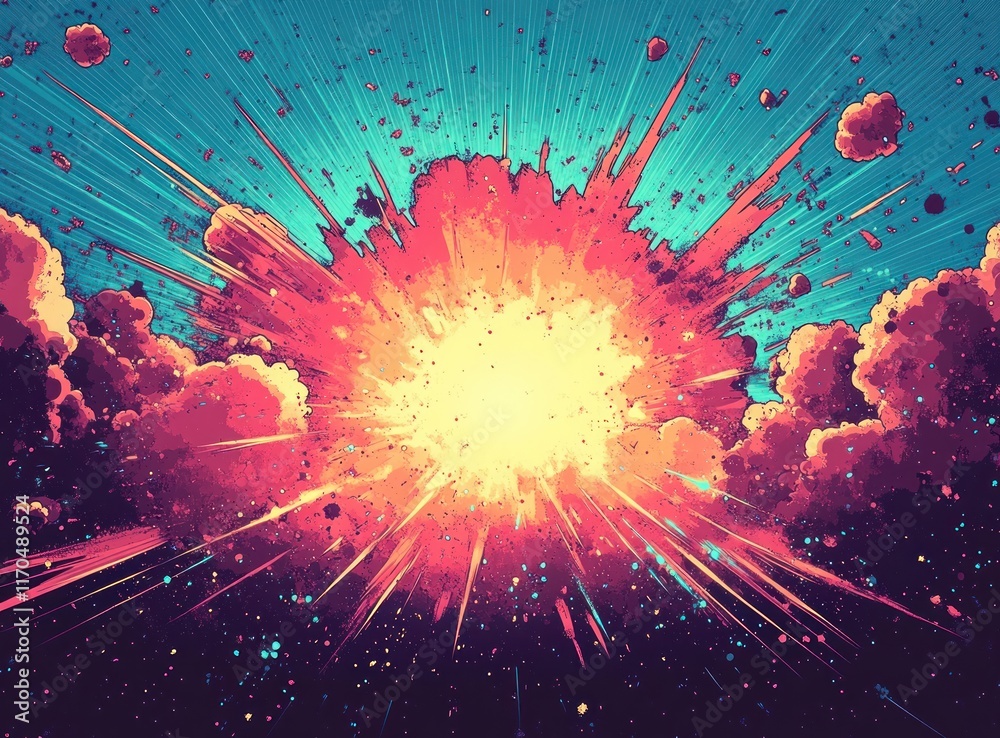 Poster dynamic explosion effect pop art background in bright colors