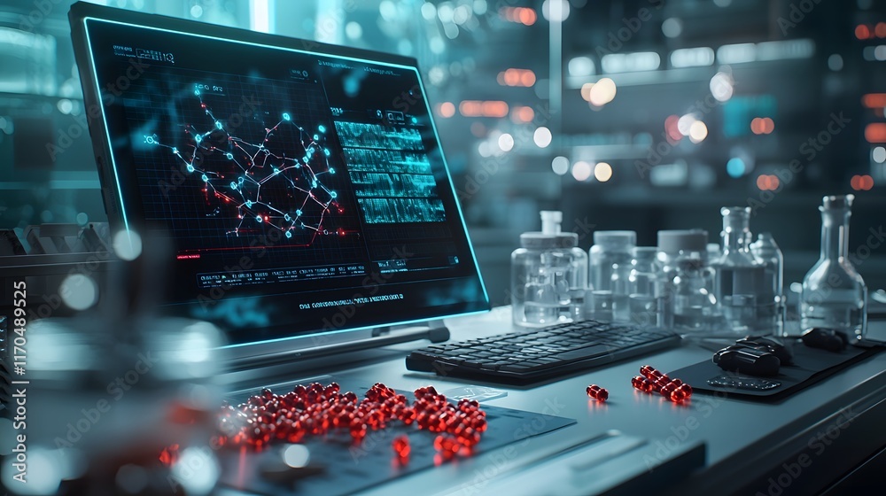Poster quantum computing generating real time drug synthesis pathways on futuristic holographic dashboard w