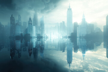 Fototapeta premium Futuristic cityscape reflected in water with moody sky.