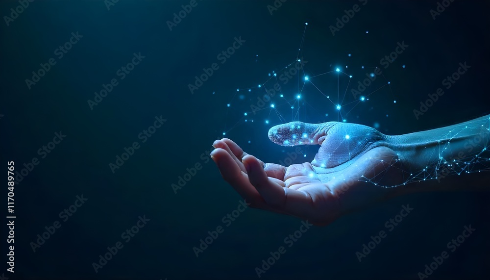 Aufkleber a digital holographic hand on a dark background, featuring neural network connections. represents co