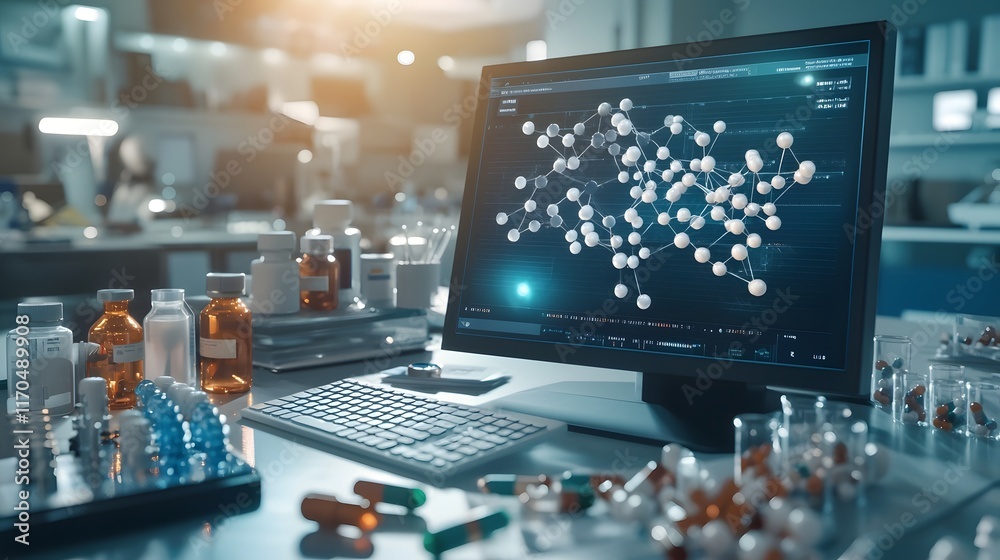 Poster glowing quantum computer displaying intricate molecular blueprints for cutting edge pharmaceutical i