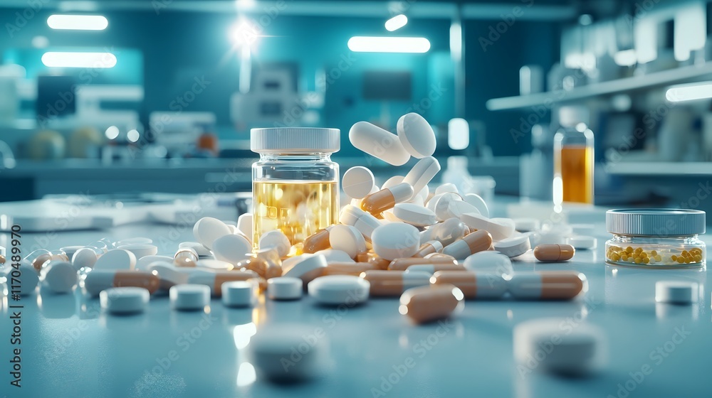 Poster Quantum technology simulation of drug testing scenarios with futuristic 3D data visualizations and dynamic digital interfaces