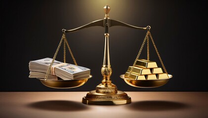 A balanced scale displays the relative value of gold and currency