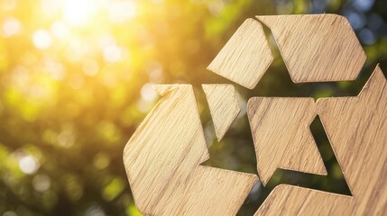 Wooden Recycling Symbol in a Sunny Green Background