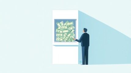 Obraz premium Businessperson Making Large Cash Deposit at Bank ATM with Abundant Dollar Bills Visible Through Window
