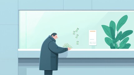 Fototapeta premium Businessman Making Large Cash Deposit at Bank Counter with Money in Hand and Greenery in Background