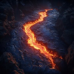 molten red lava flowing across a rocky expanse. The lava glows brightly against the dark backdrop