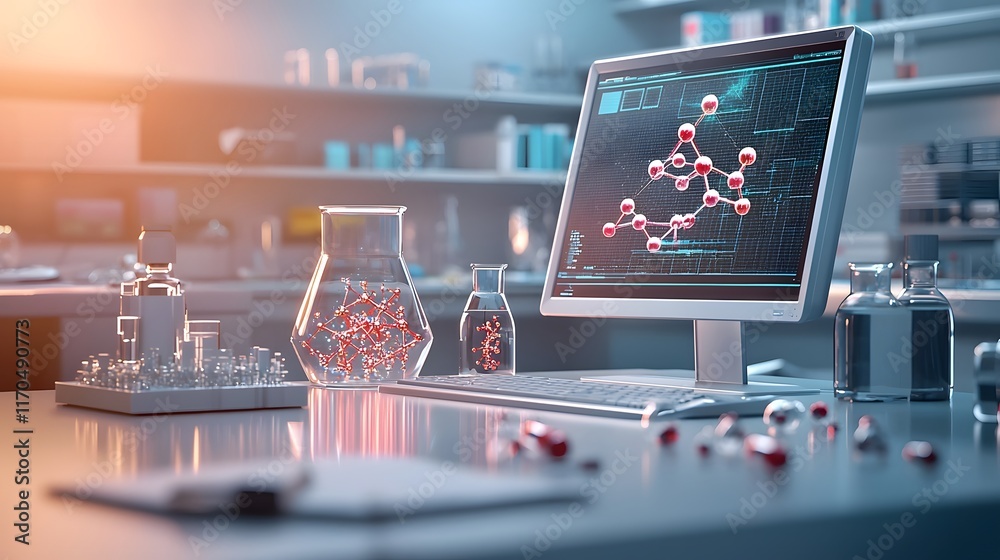 Poster Sleek and modern laboratory setting with a quantum computer simulating holographic projections of drug molecule binding