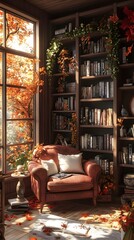 Cozy reading nook with autumn leaves and warm sunlight streaming through the window.