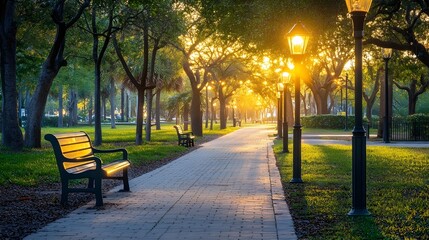 Obraz premium Serene Sunrise Stroll: Park Path with Bench and Lampposts