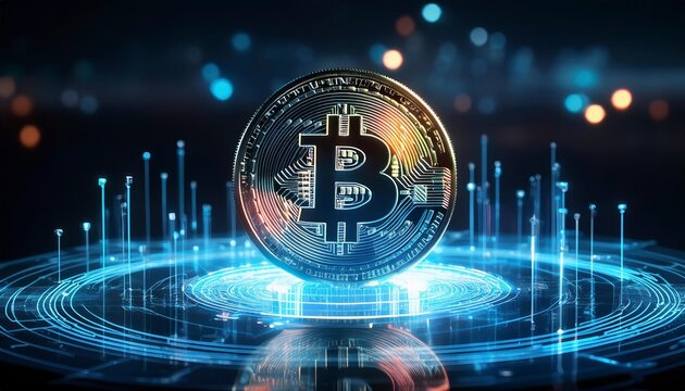 A Bitcoin cryptocurrency coin glows brightly on a futuristic digital platform