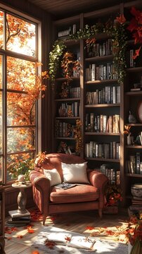 Cozy reading nook with autumn leaves and warm sunlight streaming through the window.