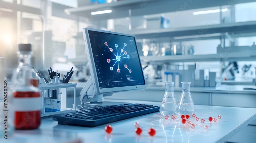 Poster a state of the art laboratory with a cutting edge quantum computer simulating drug molecule binding 